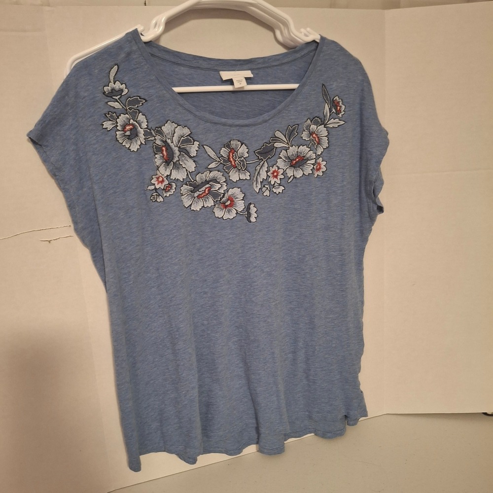 J Jill Blue Embroidered‎ Floral Short Sleeve Tunic Top Women's Size M